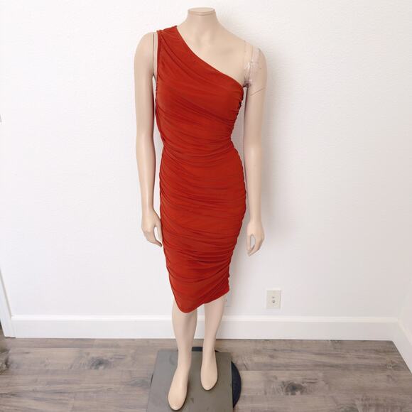 [PrettyGarden] Rust Red Ruched One Shoulder Mesh Bodycon Dress NWT Size Large L - Picture 2 of 12